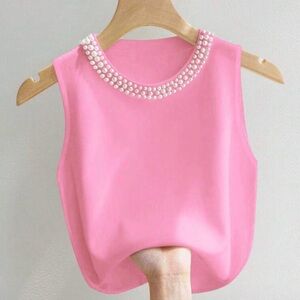 Elegant Pink Sleeveless Top with Pearl Detailing